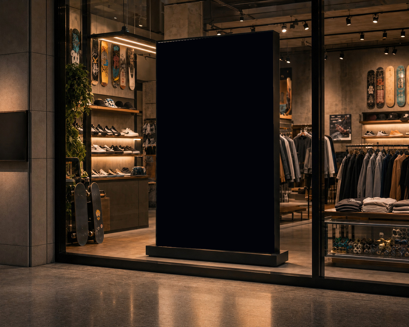 A Hudson video wall in a skate shop window