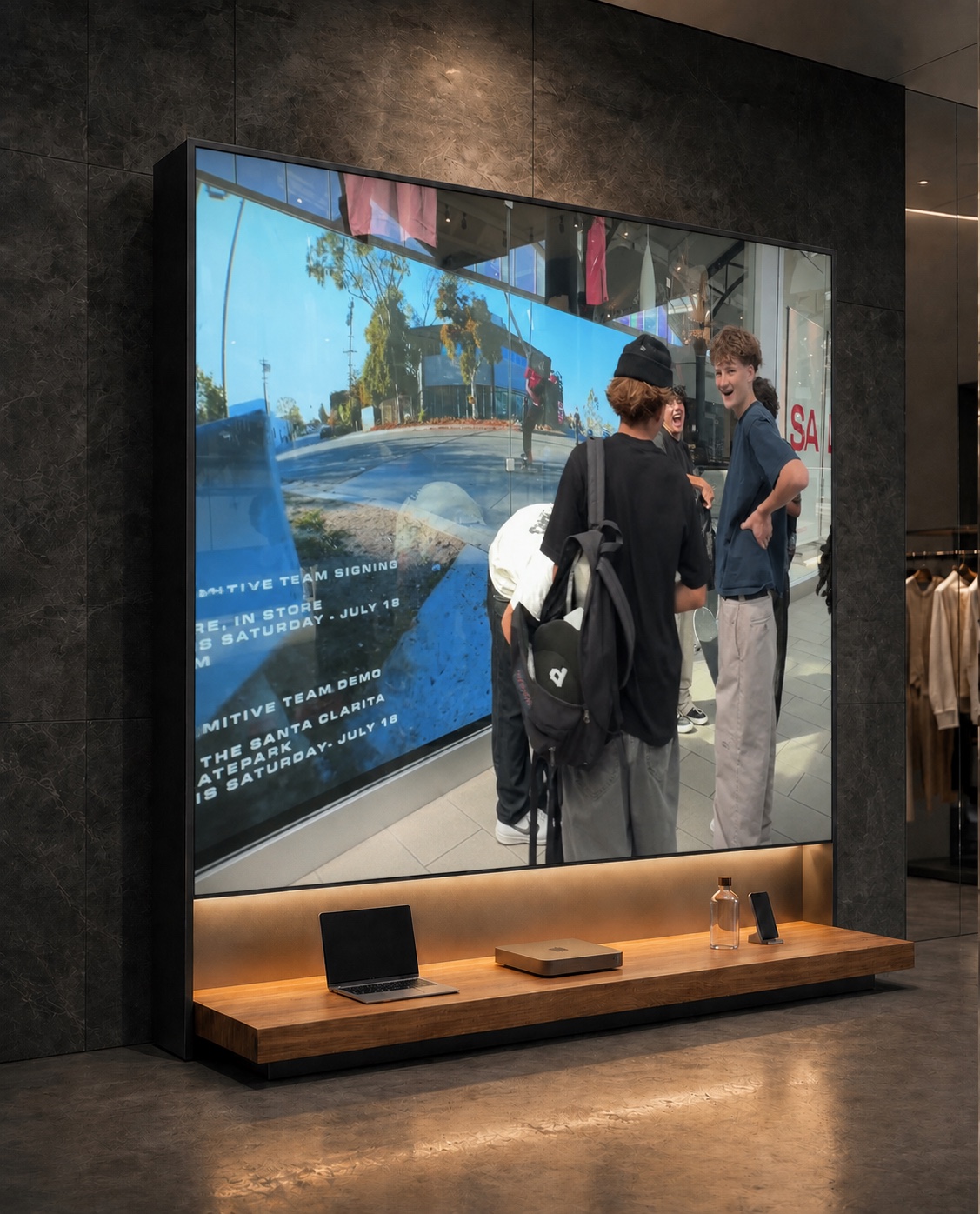 A freestanding Hudson Pictures video wall displaying footage from the Primitive signing at Pharmacy Boardshop