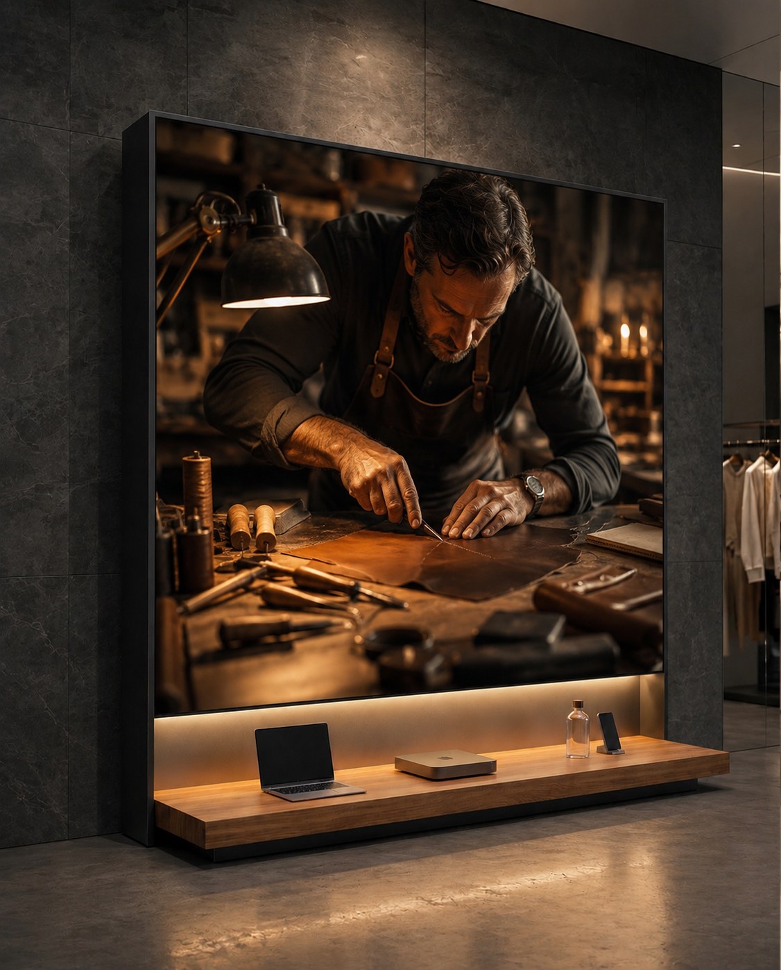 A freestanding Hudson Pictures video wall fixture standing on a retail floor
