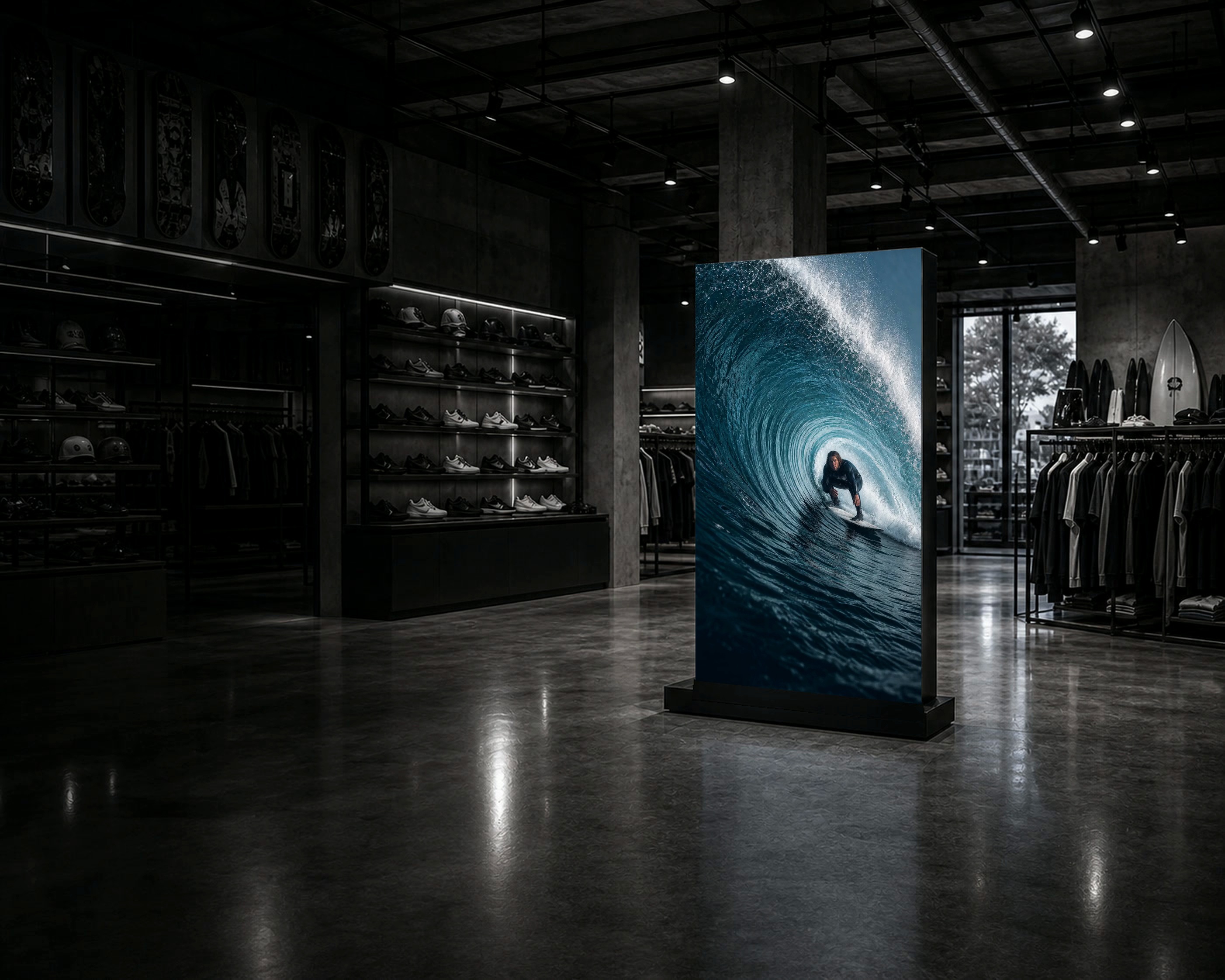 A freestanding Hudson Pictures video wall in a surf and skate shop