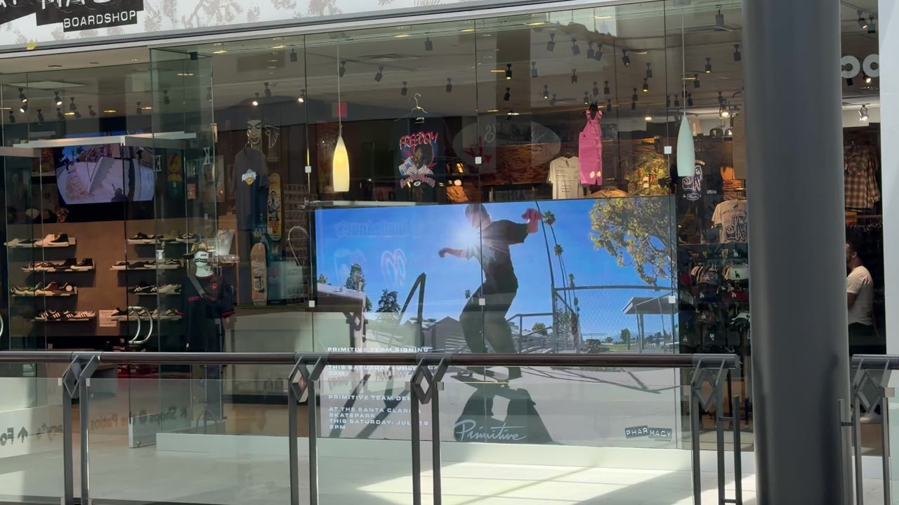 Pharmacy Boardshop content playing on a Hudson Pictures storefront video wall